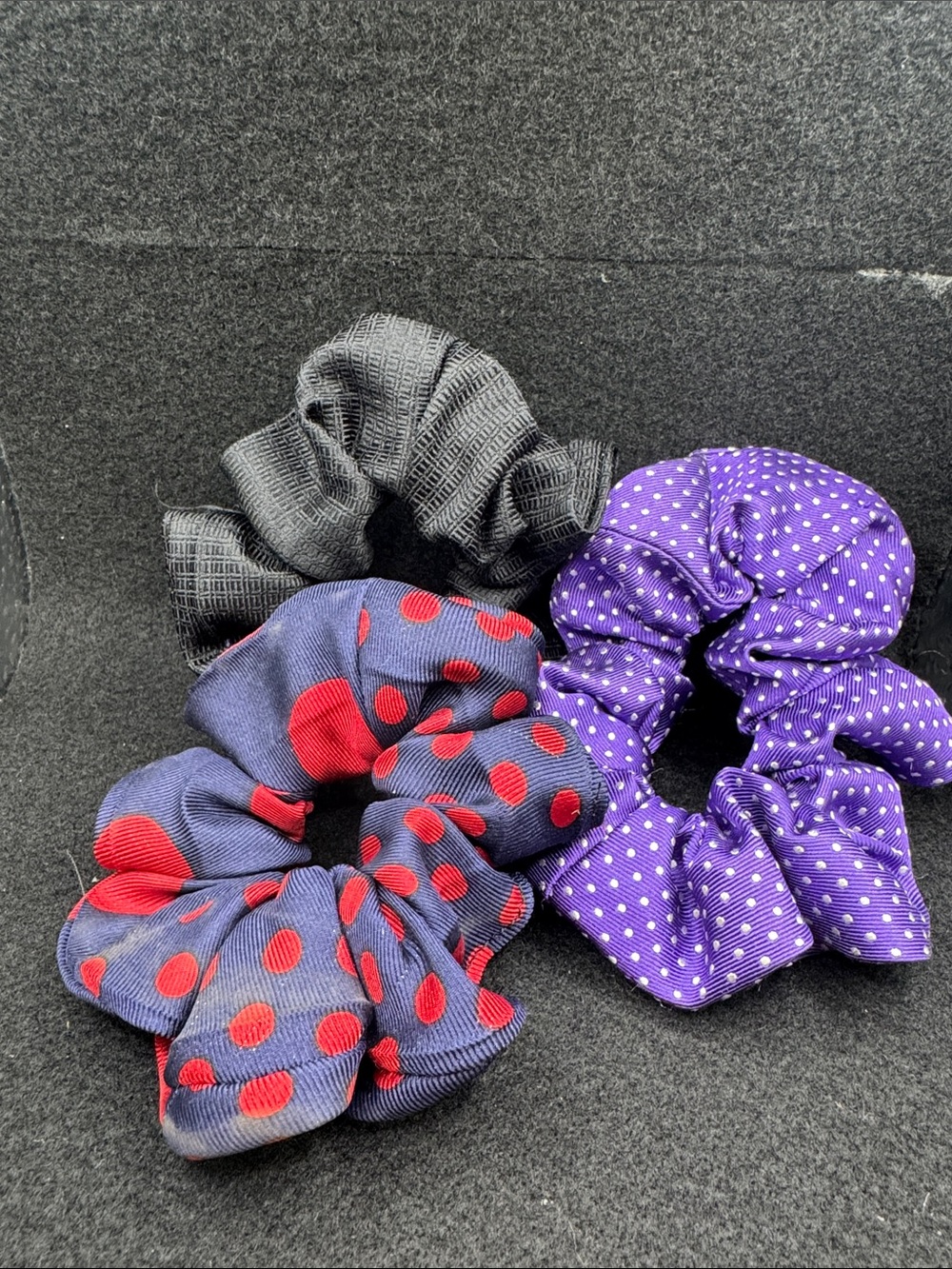 Polka Dot & Solid Scrunchie Set - Purple, Navy & Black
